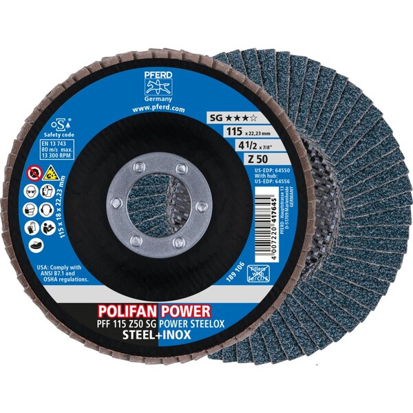 Pferd Flap Disc, 4-1/2''x7/8, Z SG POWER STEELOX, 50 Grit, T27, Flat, Zirconia 64550 - main